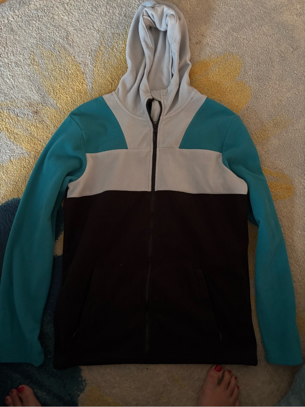 Colorblock Hooded Zip-Up Sweatshirt - Teal, Light Gray & Black